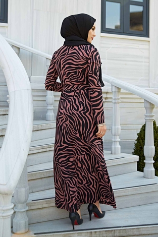 Zebra Desen Kuşaklı Elbise 1132-5 Gül K - Thumbnail