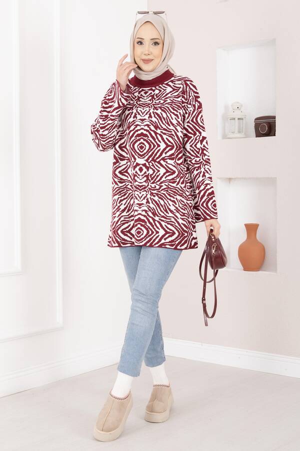 Zebra Desen Triko Kazak Bordo - 3
