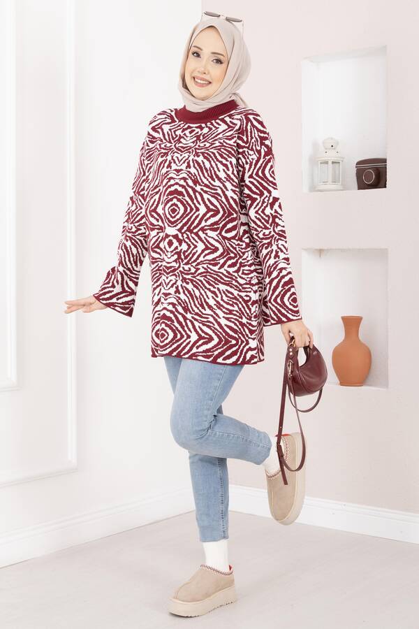 RAF - Zebra Desen Triko Kazak Bordo