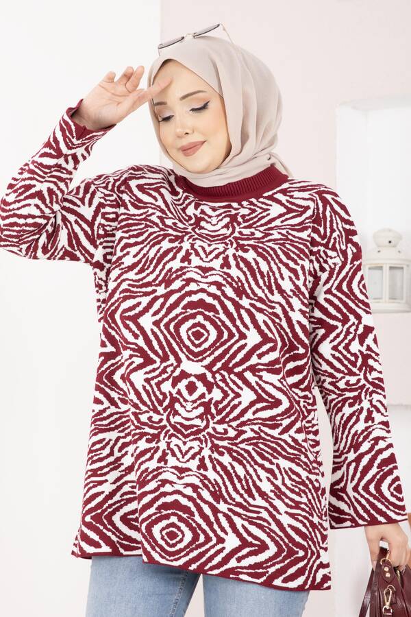 RAF - Zebra Desen Triko Kazak Bordo (1)