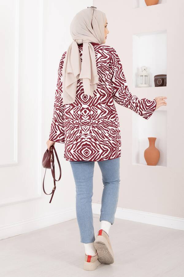 Zebra Desen Triko Kazak Bordo - 5