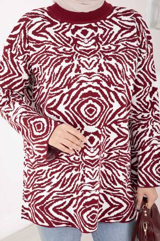 Zebra Desen Triko Kazak Bordo - Thumbnail