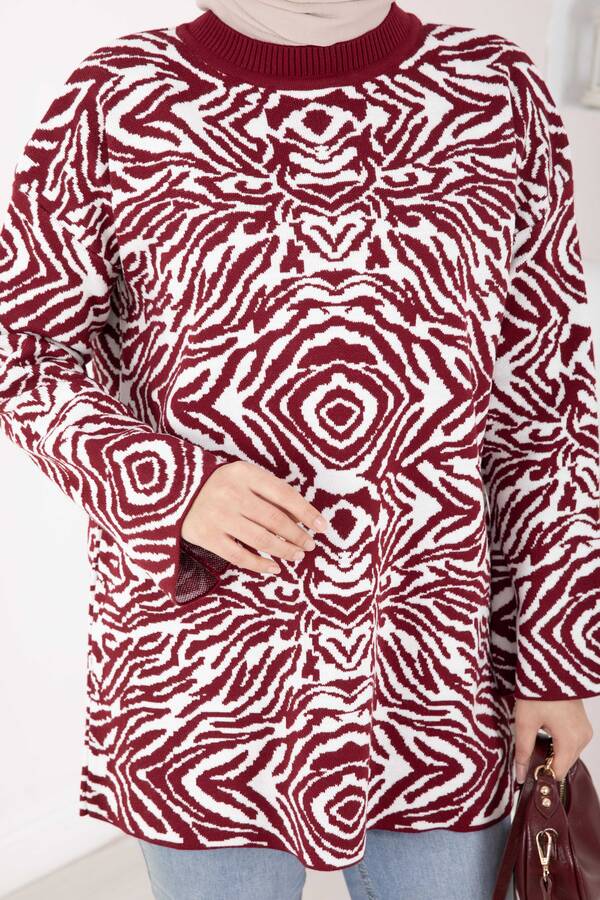 Zebra Desen Triko Kazak Bordo - 4