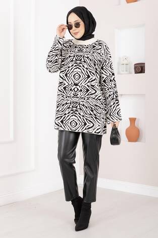 Zebra Desen Triko Kazak Ekru