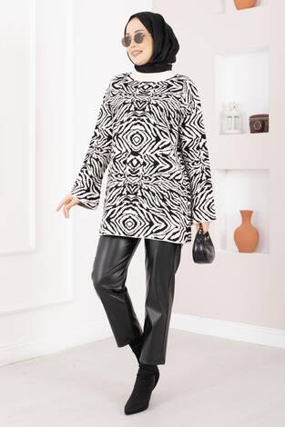 Zebra Desen Triko Kazak Ekru - Thumbnail