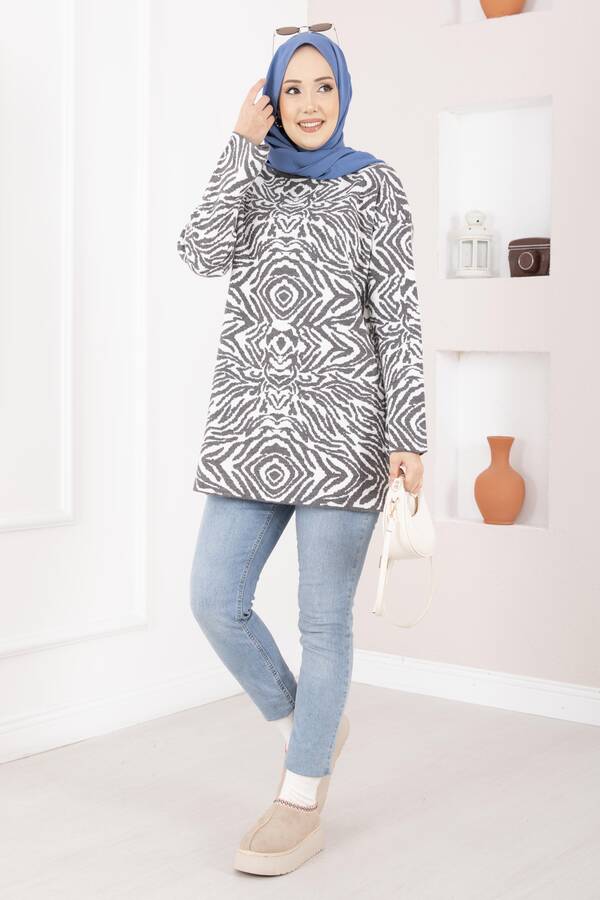 RAF - Zebra Desen Triko Kazak Gri (1)