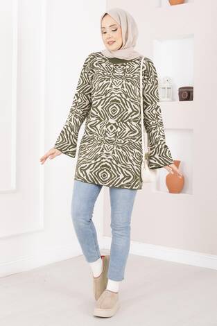 Zebra Desen Triko Kazak Haki - Thumbnail