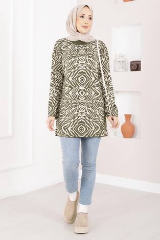 Zebra Desen Triko Kazak Haki - Thumbnail