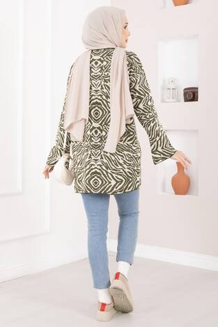 Zebra Desen Triko Kazak Haki - Thumbnail