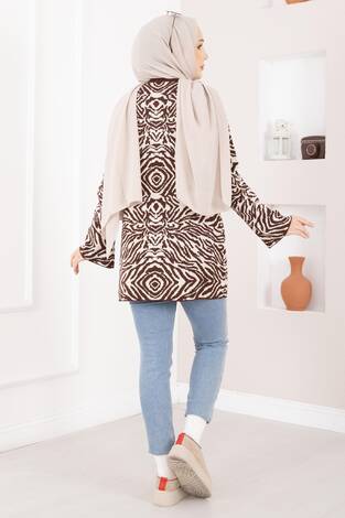 Zebra Desen Triko Kazak Kahve - Thumbnail