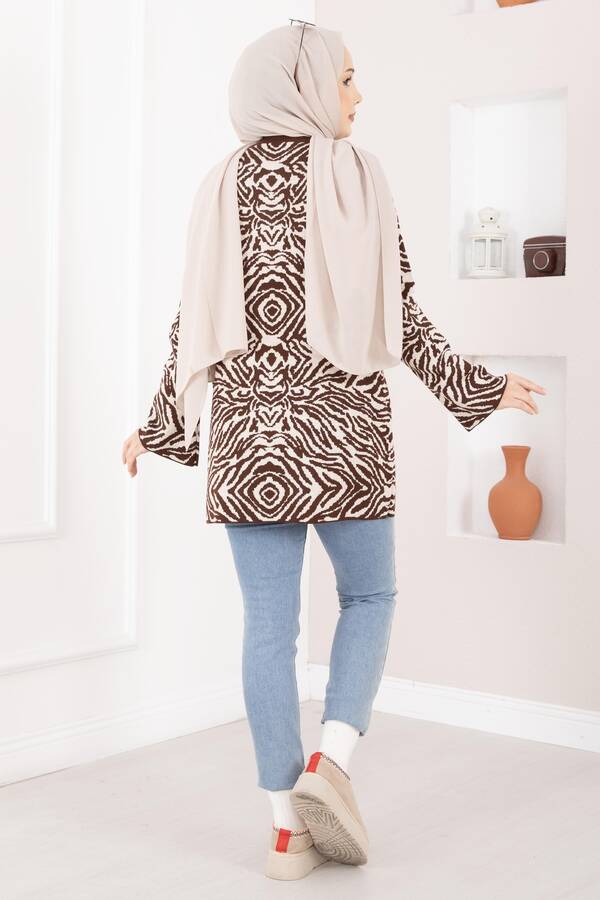 Zebra Desen Triko Kazak Kahve - 4