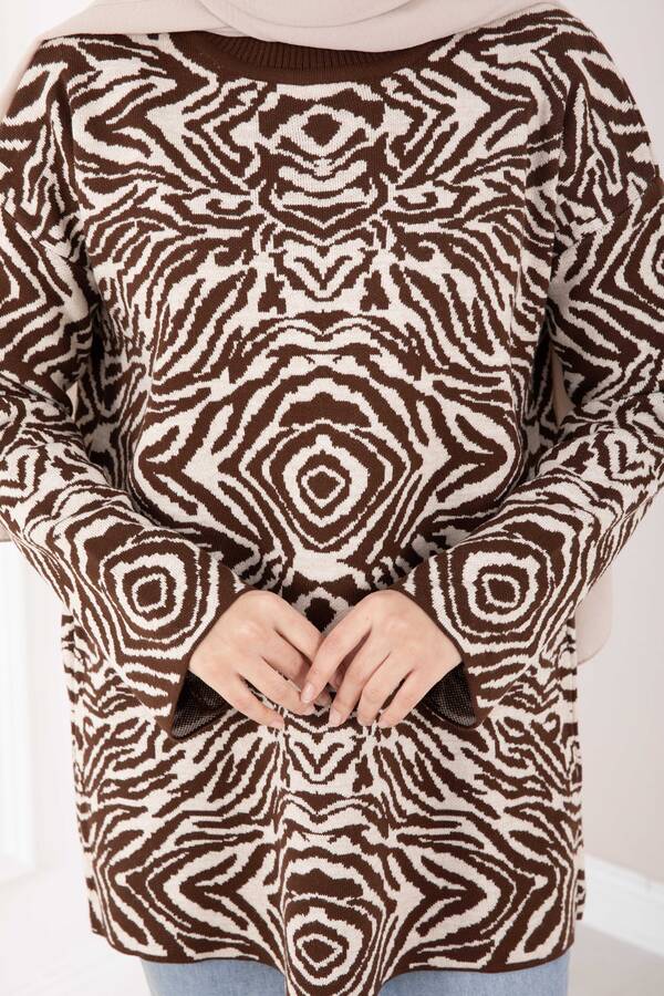 Zebra Desen Triko Kazak Kahve - 3