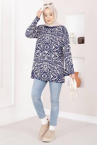 Zebra Desen Triko Kazak Lacivert - Thumbnail