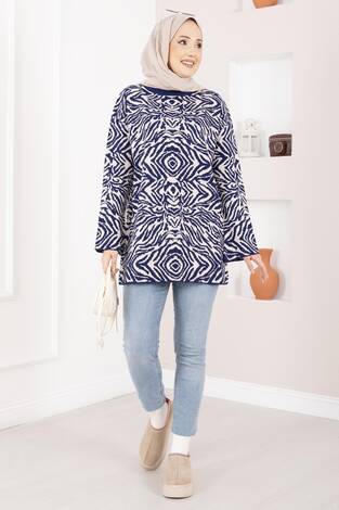Zebra Desen Triko Kazak Lacivert
