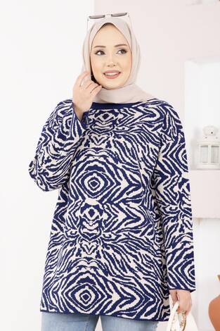 Zebra Desen Triko Kazak Lacivert - Thumbnail