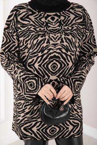 Zebra Desen Triko Kazak Siyah - Thumbnail