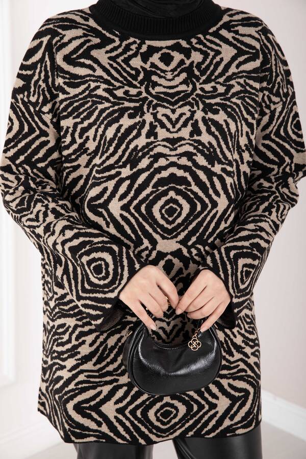 Zebra Desen Triko Kazak Siyah - 4
