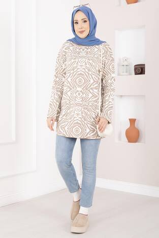 Zebra Desen Triko Kazak Vizon