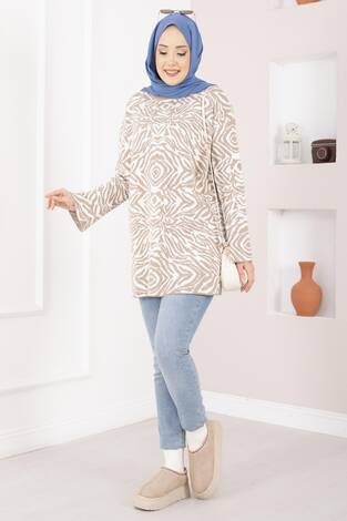 Zebra Desen Triko Kazak Vizon - Thumbnail