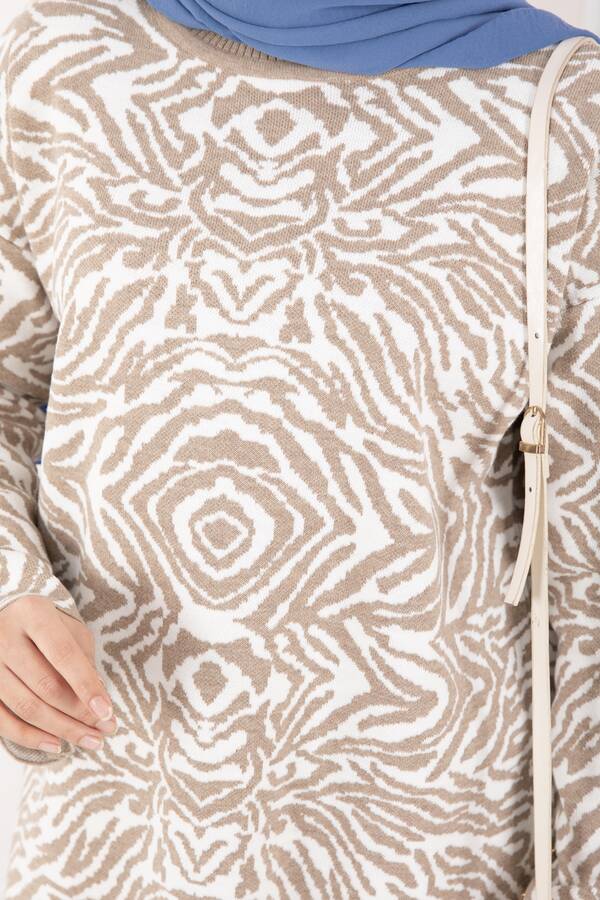 Zebra Desen Triko Kazak Vizon - 4