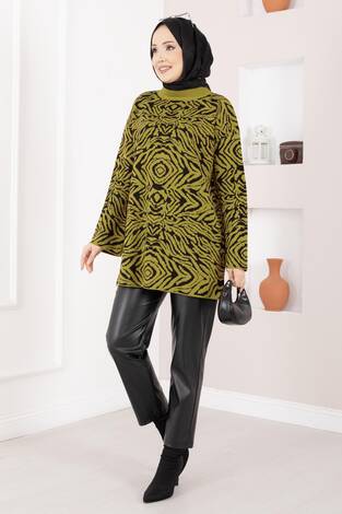 Zebra Desen Triko Kazak Yağ Yeşil - Thumbnail