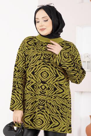 Zebra Desen Triko Kazak Yağ Yeşil - Thumbnail