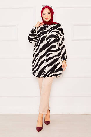 Zebra Desen Viskon Tunik Siyah - Thumbnail