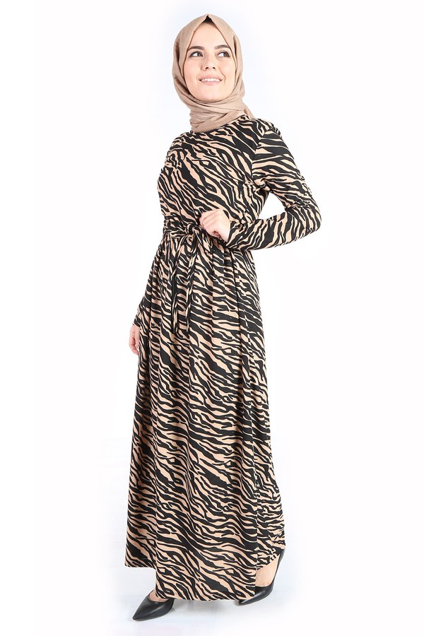 Zebra Desenli Kuşaklı Elbise 14350-2 Bej