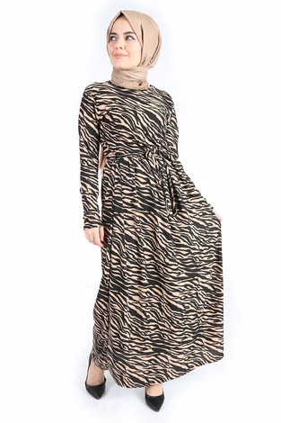 Zebra Desenli Kuşaklı Elbise 14350-2 Bej - Thumbnail