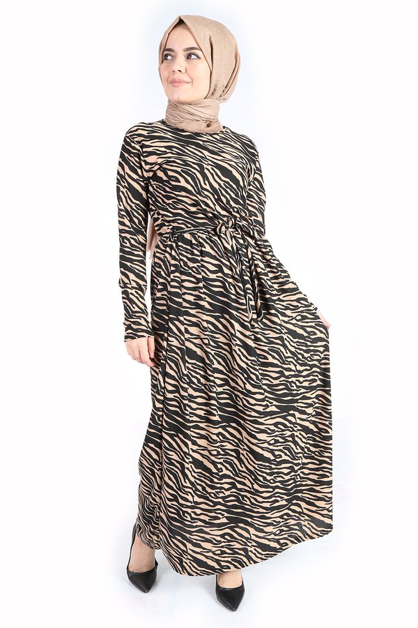 Zebra Desenli Kuşaklı Elbise 14350-2 Bej