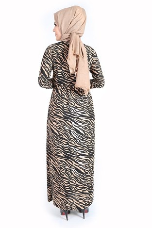 Zebra Desenli Kuşaklı Elbise 14350-2 Bej - Thumbnail