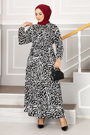 Zebra Desenli Tesettür Bürümcük Elbise Siyah - Thumbnail