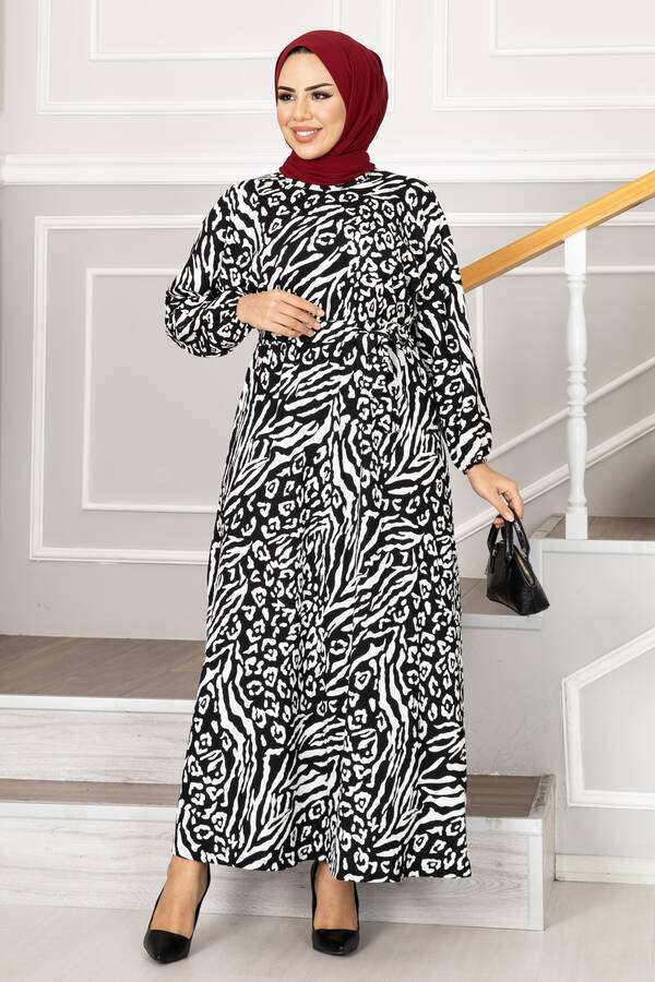 Zebra Desenli Tesettür Bürümcük Elbise Siyah
