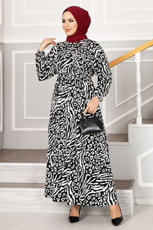 Zebra Desenli Tesettür Bürümcük Elbise Siyah - Thumbnail