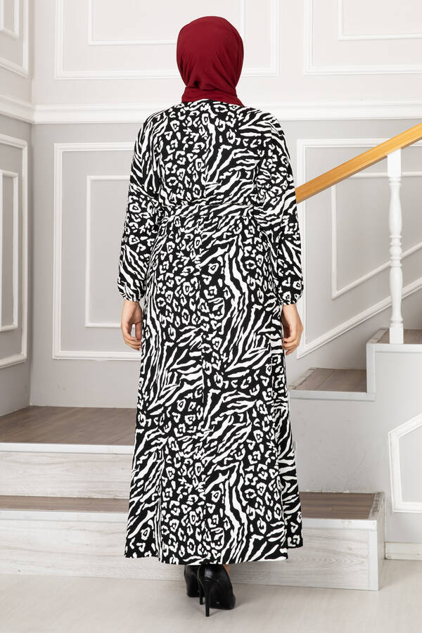 Zebra Desenli Tesettür Bürümcük Elbise Siyah