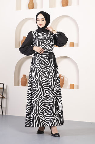 Zebra Desenli Tesettür Elbise Siyah Beyaz - Thumbnail