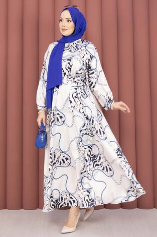 Zincir Desen Kuşaklı Tesettür Elbise Bej-İndigo - Thumbnail
