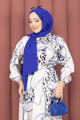 Zincir Desen Kuşaklı Tesettür Elbise Bej-İndigo - Thumbnail