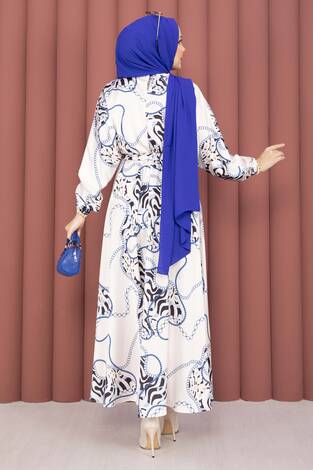 Zincir Desen Kuşaklı Tesettür Elbise Bej-İndigo - Thumbnail