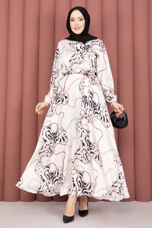 MD - Zincir Desen Kuşaklı Tesettür Elbise Bej-Kahve