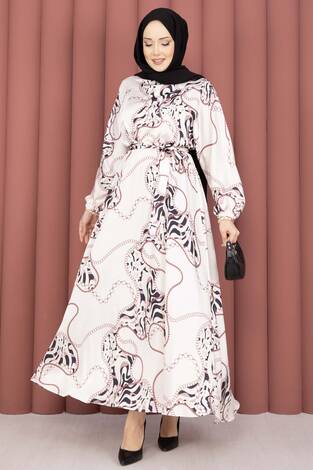 Zincir Desen Kuşaklı Tesettür Elbise Bej-Kahve - Thumbnail