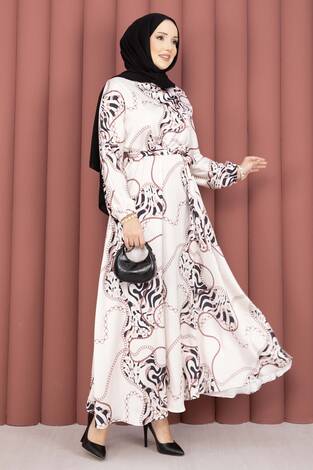 Zincir Desen Kuşaklı Tesettür Elbise Bej-Kahve - Thumbnail