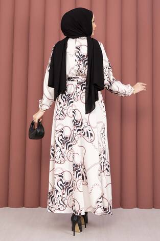 Zincir Desen Kuşaklı Tesettür Elbise Bej-Kahve - Thumbnail