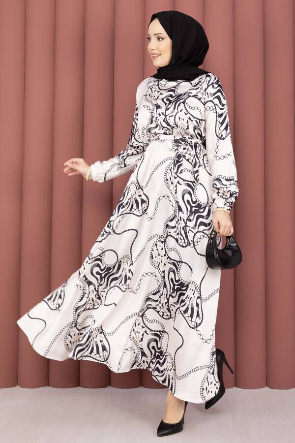 MD - Zincir Desen Kuşaklı Tesettür Elbise Bej-Siyah