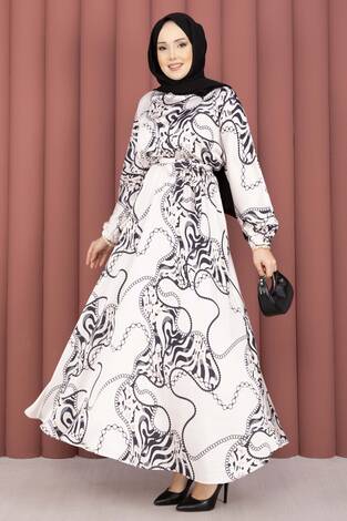 Zincir Desen Kuşaklı Tesettür Elbise Bej-Siyah - Thumbnail