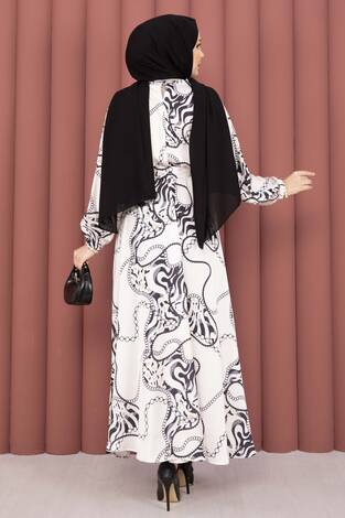 Zincir Desen Kuşaklı Tesettür Elbise Bej-Siyah - Thumbnail