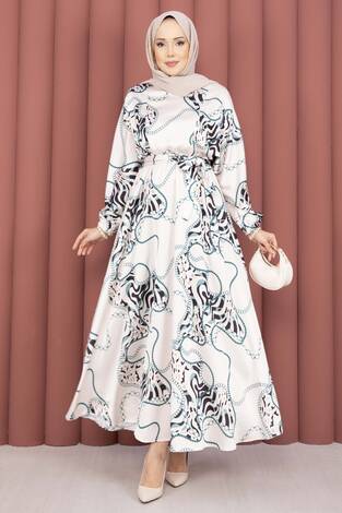 Zincir Desen Kuşaklı Tesettür Elbise Bej- Zümrüt - Thumbnail