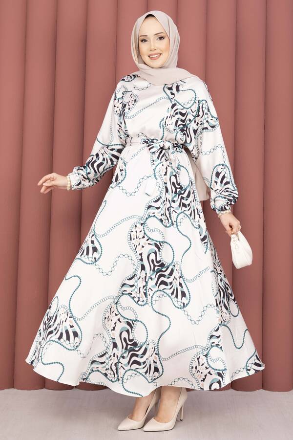 MD - Zincir Desen Kuşaklı Tesettür Elbise Bej- Zümrüt