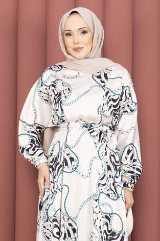 Zincir Desen Kuşaklı Tesettür Elbise Bej- Zümrüt - Thumbnail