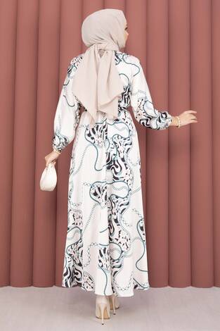 Zincir Desen Kuşaklı Tesettür Elbise Bej- Zümrüt - Thumbnail